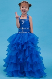 Organza Ruffles Halter Flower Girl Dress Blue A-line Appliques