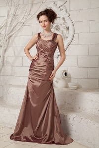 Ruched Dress for Mothers Brown Straps Brush Train Taffeta