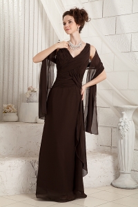 Brown Chiffon Mother Of The Bride Dress Column V-neck Ruched
