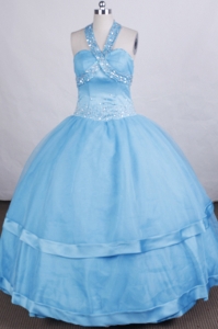 Halter Baby Blue Ball Gown Dress for Little Girl Pageant Beading