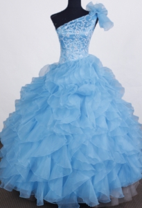 One Shoulder Aqua Blue Little Girl Pageant Dress Beading