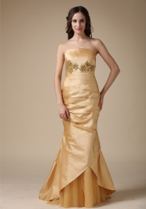 Mermaid Dress for Mothers Gold Appliques and Ruch Strapless