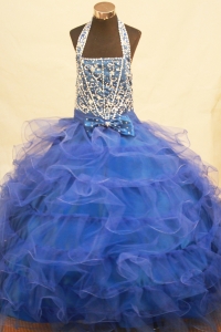 Halter Top Royal Blue Little Girl Pageant Dress Beading Bowknot