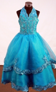 Turquoise Little Girl Pageant Dress Halter Top Appliques A-line