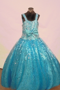 Teal Little Girl Pageant Dress Sequins and Bowknot Ball Gown