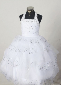 White Halter Ball Gown Little Girl Pageant Dress Beading