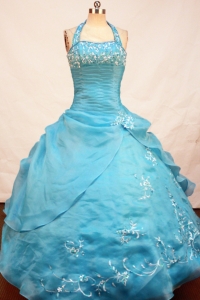 Halter Turquoise Ball Gown Little Girl Pageant Dress Appliques
