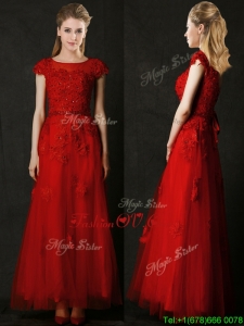 Elegant Empire Applique Red Bridesmaid Dress with Cap Sleeves