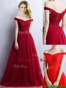 Elegant Off the Shoulder Cap Sleeves Bridesmaid Dress in Wine Red