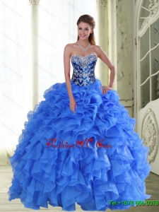 2015 Perfect Beading and Ruffles Strapless Classic Quinceanera Dresses in Blue