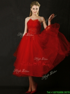 2016 Elegant Tea Length Applique Red Bridesmaid Dress with Asymmetrical Neckline