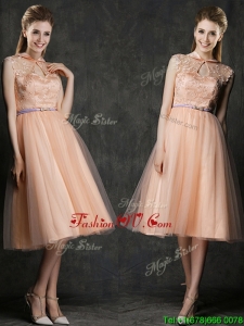 2016 Popular High Neck Peach Dama Dresses with Sashes and Lace