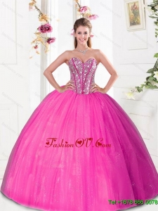 Classic Beading and Pick Ups 2015 Quinceanera Dresses in Hot Pink