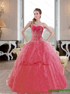 Classic Ruffles and Appliques 2015 Quinceanera Dresses in Coral Red