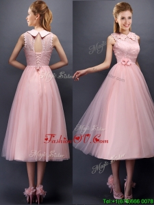Discount Hand Made Flowers and Laced High Neck Dama Dresses in Baby Pink