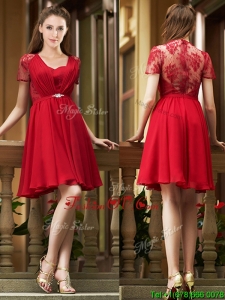 Elegant See Through Back Red Short Bridesmaid Dress with Short Sleeves