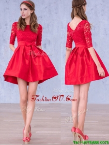 Romantic Bowknot and Laced Scoop Half Sleeves Dama Dresses in Red