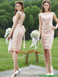 See Through Scoop Cap Sleeves Dama Dresses with Sashes