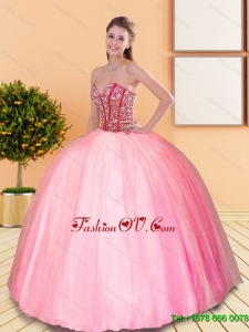 2015 Lovely Beading Sweetheart Ball Gown Quinceanera Dresses in Rose Pink