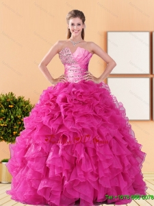 2015 Lovely Beading and Ruffles Quinceanera Dresses in Hot Pink