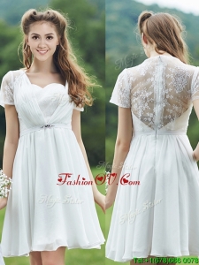 2016 See Through Short Sleeves White Prom Dresses with Belt and Lace