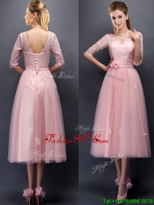 Comfortable Scoop Half Sleeves Prom Dresses with Hand Made Flowers and Appliques