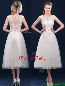 Fashionable Tea Length Scoop Dama Dresses with Lace and Appliques