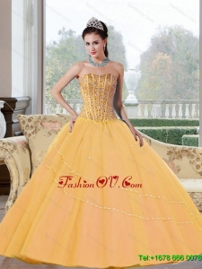 Classic Beading Strapless 2015 Quinceanera Dresses in Gold