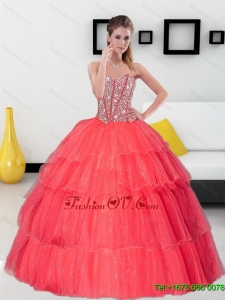 Lovely Beading and Ruffled Layers Sweetheart Coral Red Quinceanera Dresses for 2015