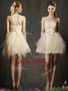 Lovely Sweetheart Short Champagne Prom Dresses with Belt and Ruffles