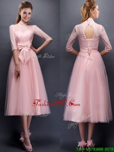 Luxurious Laced High Neck Half Sleeves Prom Dresses with Bowknot