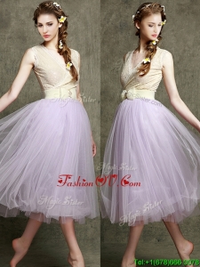 New Style Lavender V Neck Prom Dresses with Bowknot and Belt