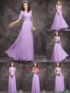 Perfect Applique and Laced Lavender Long Dama Dresses in Chiffon