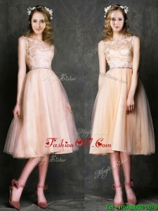 Romantic Laced and Sashed Scoop Prom Dresses in Peach
