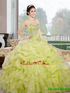 2015 Lovely Sweetheart Yellow Green Quinceanera Dresses with Ruffles and Pick Ups
