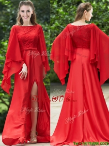 2016 Pretty Bateau Long Sleeves Red Prom Dresses with Beading and High