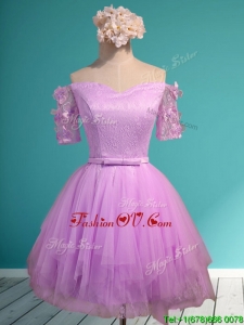 2016 Sweet Lilac Off the Shoulder Short Sleeves Prom Dresses with Appliques and Belt