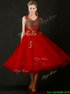 Beautiful V Neck Tea Length Prom Dresses with Beading and Appliques