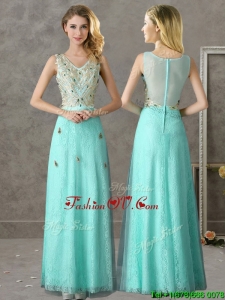 Discount Beaded and Applique V Neck Prom Dresses in Apple Green