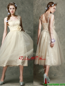 Gorgeous Straps Champagne Bridesmaid Dress with Appliques and Hand Made Flowers