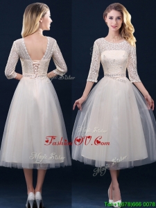 Hot Sale Laced and Applique Champagne Prom Dresses in Tea Length