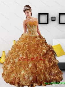 Lovely Appliques and Ruffles 2015 Quinceanera Dress in Gold