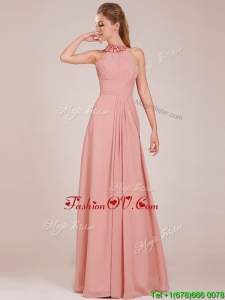 Low Price Halter Top Peach Long Prom Dresses in Chiffon