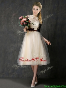 Luxurious High Neck Champagne Prom Dresses with Hand Made Flowers and Lace