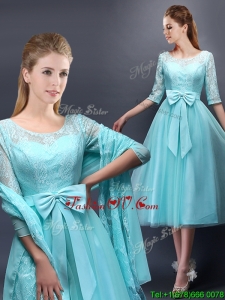 Romantic Aqua Blue Scoop Half Sleeves Prom Dresses with Bowknot