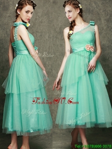 See Through One Shoulder Bridesmaid Dreses with Bowknot and Hand Made Flowers