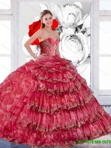 2015 Designer Appliques and Ruffles Quinceanera Dress in Coral Red