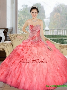 2015 Designer Beading and Ruffles Sweetheart Quinceanera Dresses in Watermelon
