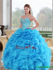 2015 Designer Sweetheart Baby Blue Sweet 15 Dresses with Beading and Ruffles
