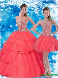 2015 Gorgeous Beading and Ruffled Layers Sweetheart Sweet Sixteen Dresses in Coral Red